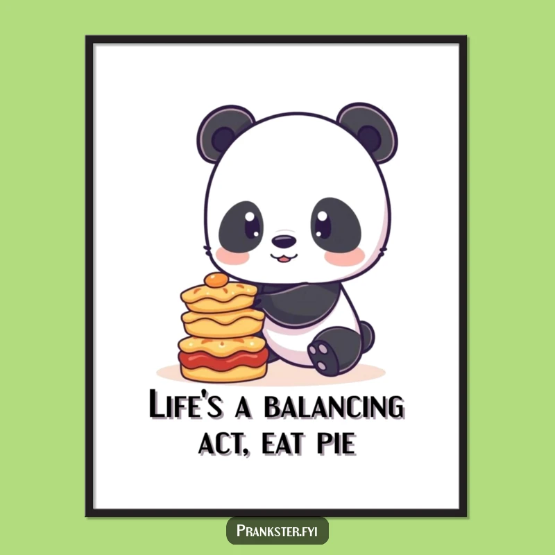 Funny Free Printable Wall Art: Panda Balancing Pies - Quirky Downloadable Decor for Pie Lovers