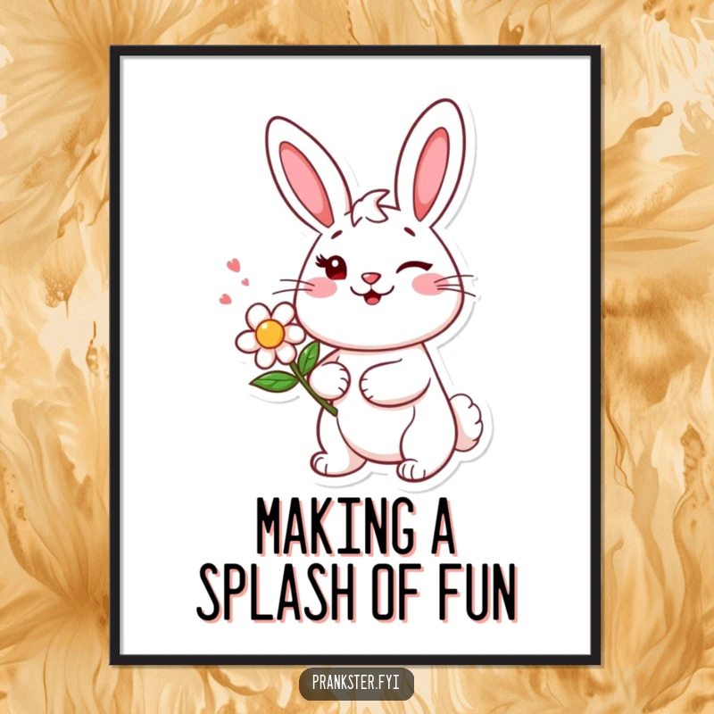 Funny Free Printable Wall Art: Cheerful bunny winks, holding a flower poised to squirt.
