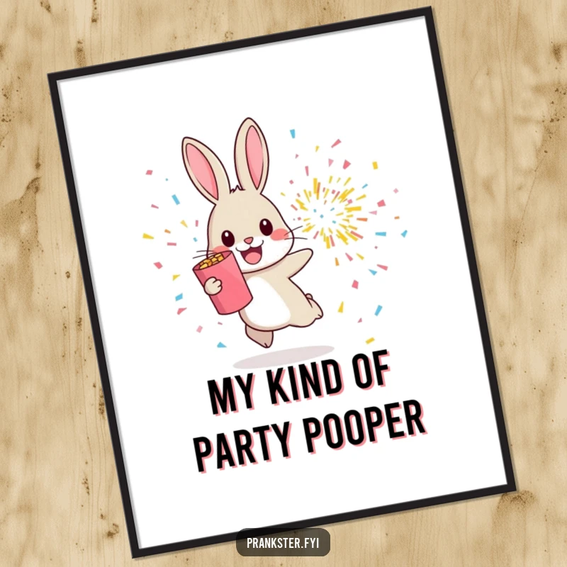 Funny Free Printable Wall Art: Cheerful rabbit hops away from a bursting confetti popper, capturing a moment of celebration.