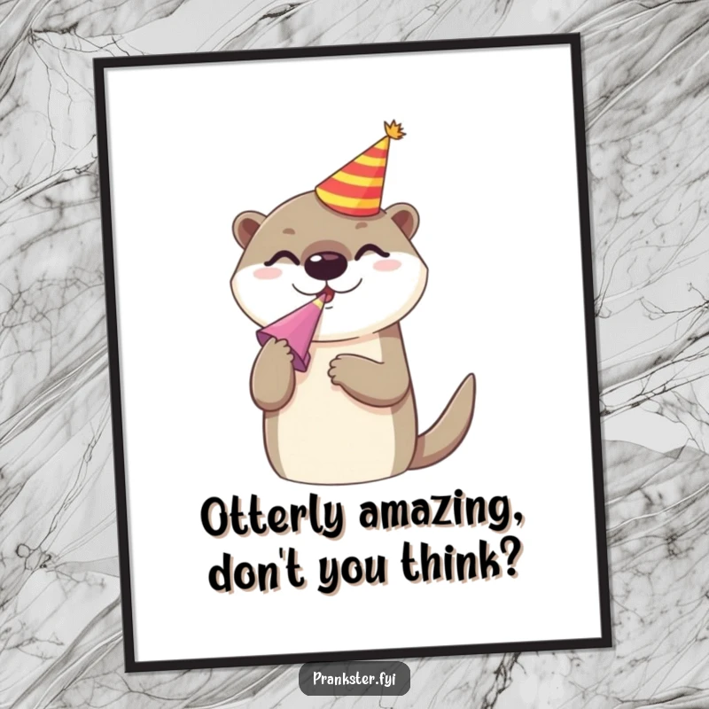 Funny Free Printable Wall Art: Cheerful otter character wearing party hat and blowing a noise maker.