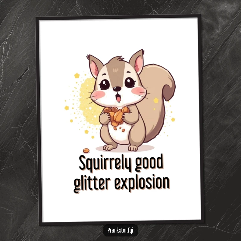 Funny Free Printable Wall Art: Surprised squirrel with cheeks stuffed with nuts, surrounded by an amazing explosion of glitter, perfect for quirky decor.