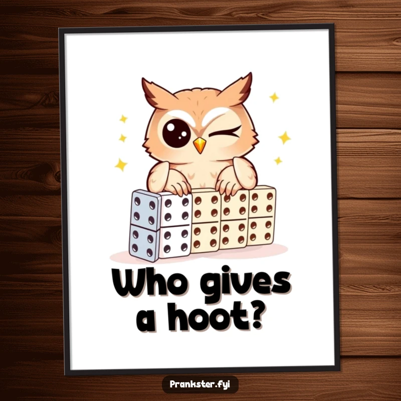 Funny Free Printable Wall Art: A winking owl setting up a domino chain with a twinkle, suggesting cleverness and fun.