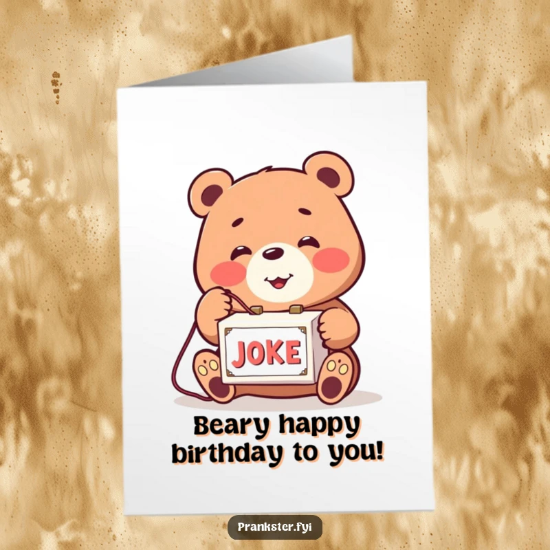 Funny Free Printable Birthday Card: Smiling bear activating a joke box, ready to share a laugh, a humorous downloadable gift.