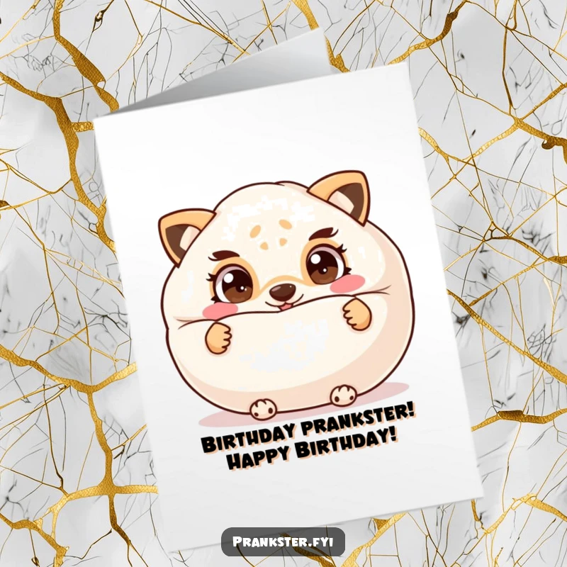Funny Free Printable birthday card featuring a cheeky animal hiding behind a giant whoopee cushion with mischievous eyes.