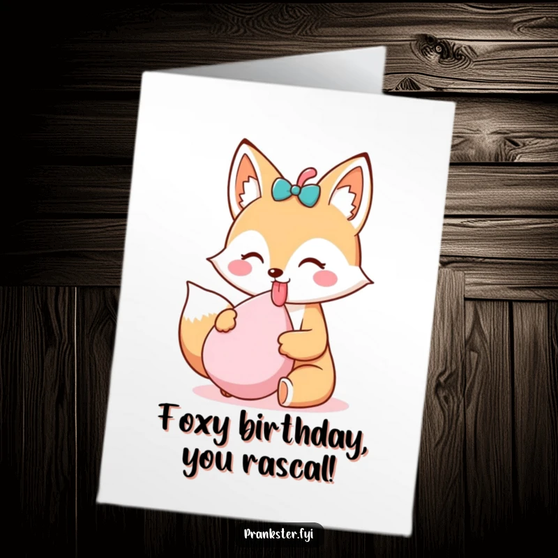 Funny Free Printable Birthday Card with a kawaii fox sticking out its tongue, holding a whoopee cushion, ready for a birthday prank.