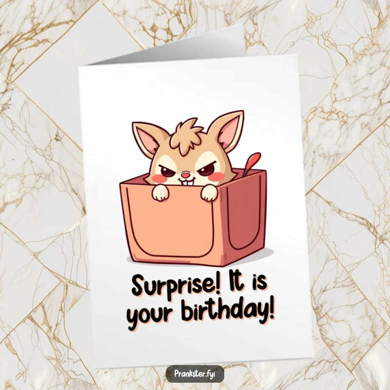Funny Free Printable Birthday Card featuring a mischievous animal with a wicked grin popping out of a jack-in-the-box.