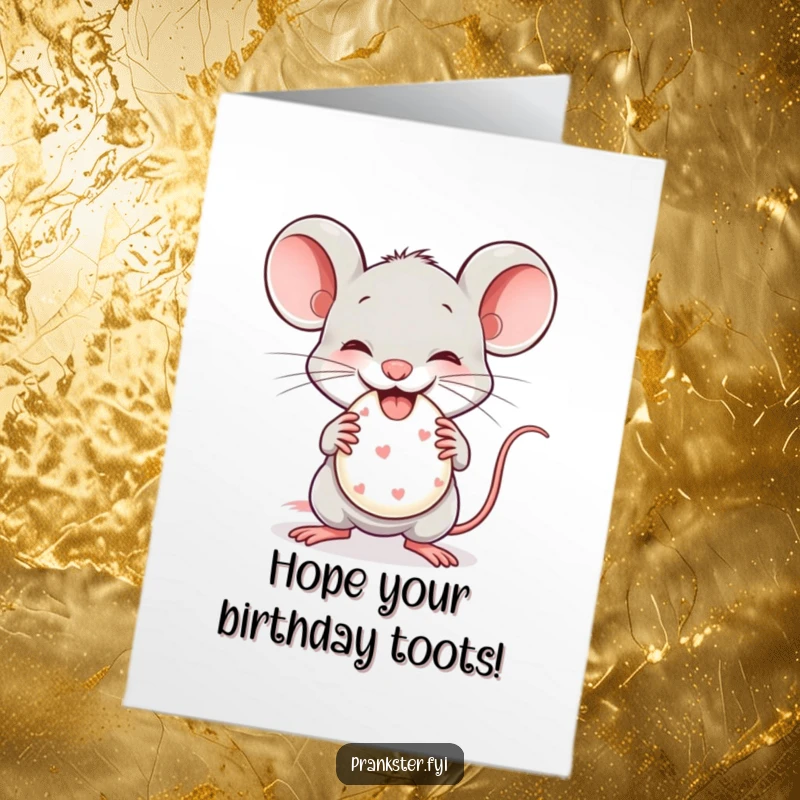 Funny Free Printable birthday card of a mischievous mouse gleefully holding a tiny whoopee cushion, ready for a birthday prank.