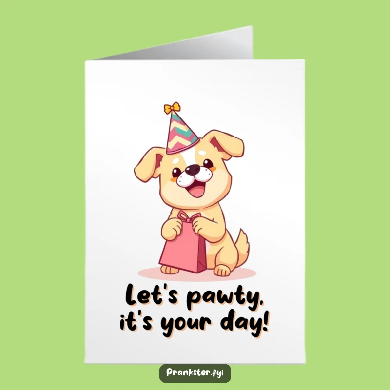Free Printable Birthday Card: Playful Dog with Hat & Gift Funny Downloadable