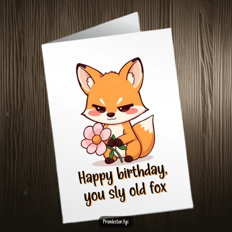 Funny Free Printable Birthday Card: Sly fox wiggles eyebrows holding a fake flower, conveying playful mischief.