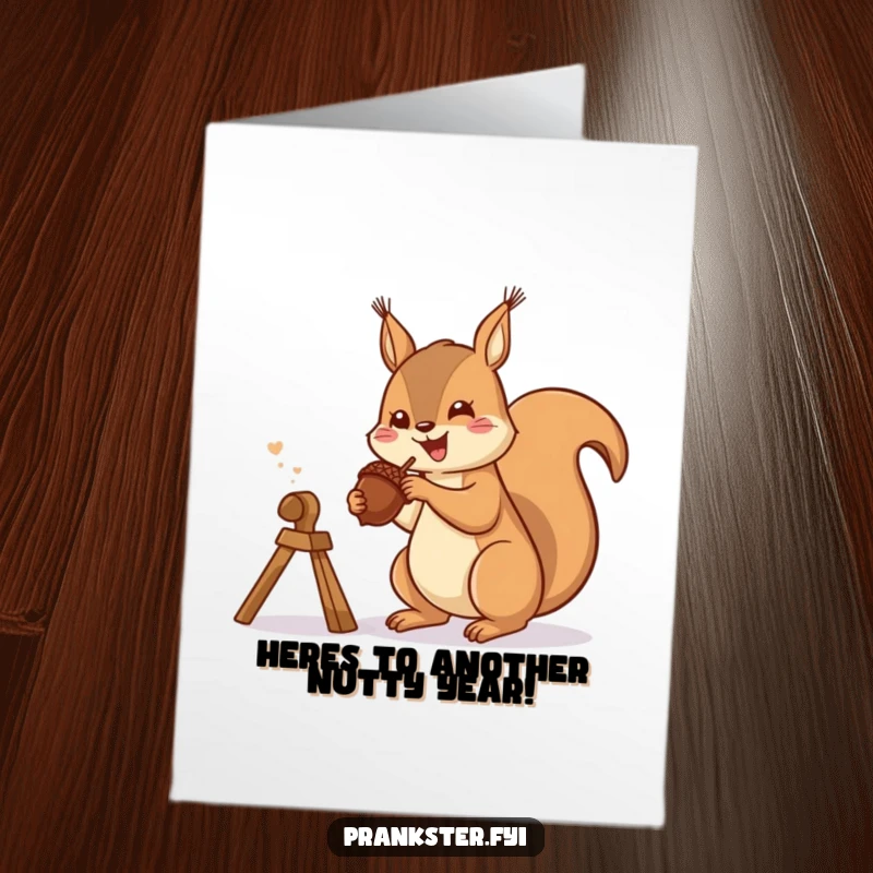 Funny Free Printable Birthday Card: A gleeful squirrel firing an acorn from a slingshot, an energetic downloadable gift.