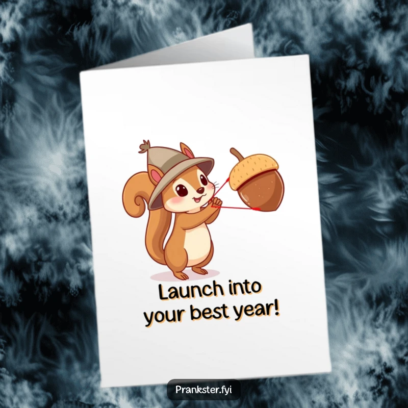 Funny free printable birthday card featuring a squirrel in a tiny hat launching an acorn with a slingshot, ready for a celebration.