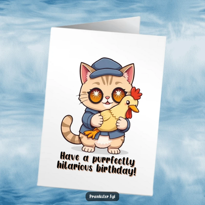 Funny free printable birthday card featuring a cunning cat in disguise, holding a rubber chicken with sparkling, mischievous eyes.