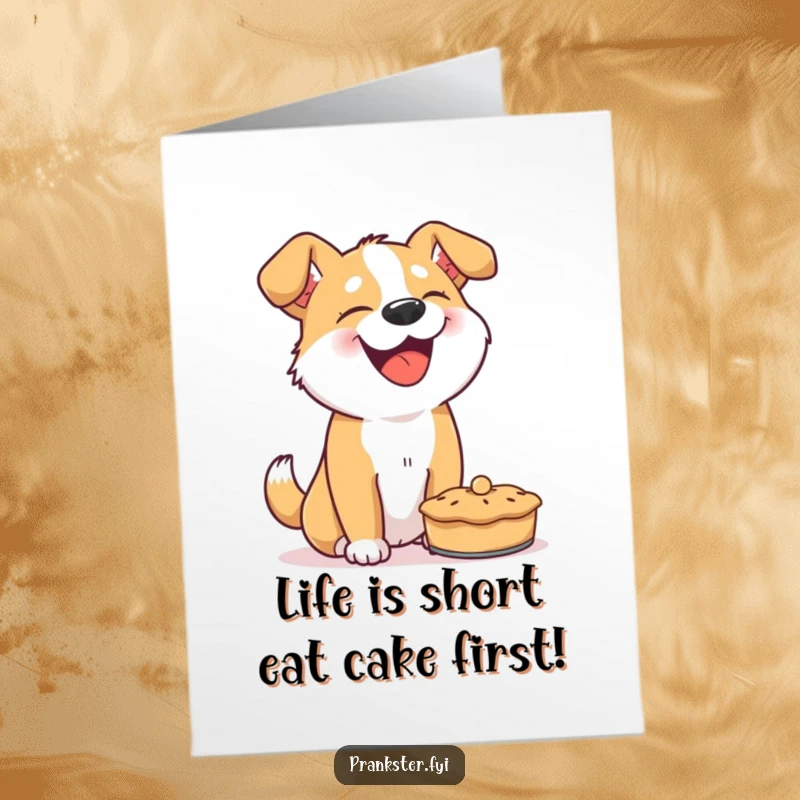 Funny Free Printable Birthday Card of a giggling dog about to throw a pie, a hilarious and messy celebration.