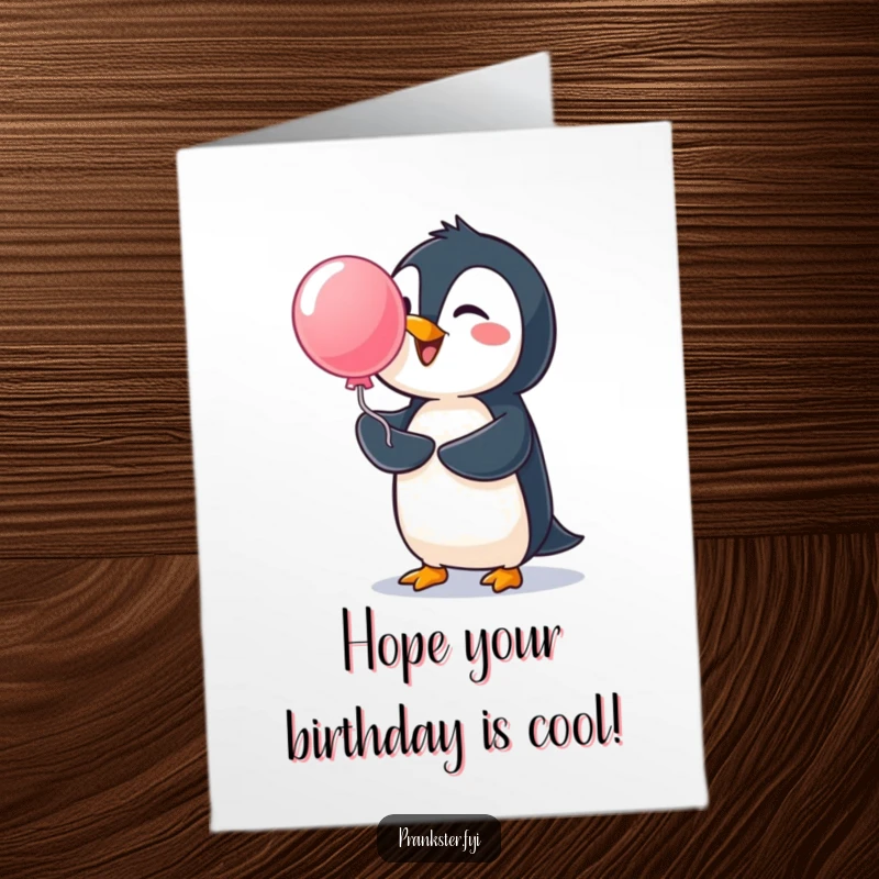 Funny Free Printable Birthday Card of a cheerful penguin launching a surprise water balloon, ready for a cool celebration.