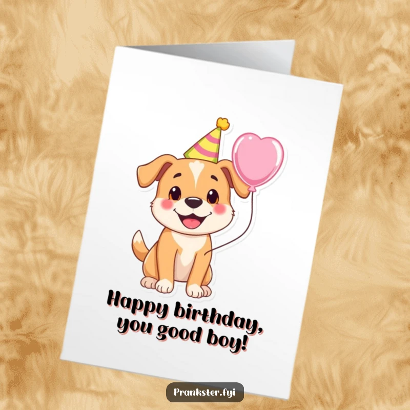 Funny Free Printable Birthday Card: A cheerful dog wearing a colorful party hat and holding a bright balloon, ready to celebrate.