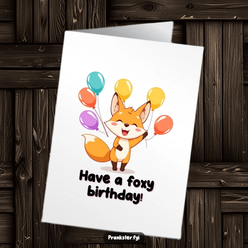 Funny Free Printable Birthday Card: Happy fox joyfully juggles colorful balloons with a huge smile.