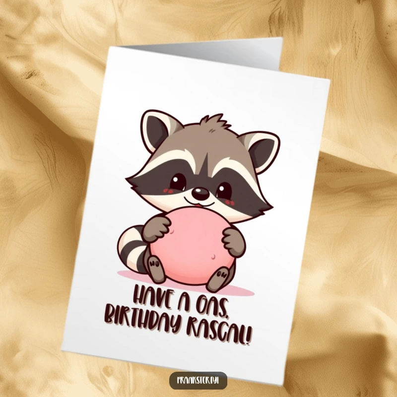 Funny Free Printable Birthday Card: Smiling raccoon proudly holding a classic whoopee cushion, ready to prank.