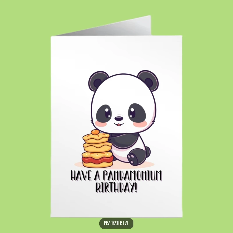 Free Printable Birthday Card: Panda Balancing Pies - Funny Downloadable Gift for a Sweet Celebration