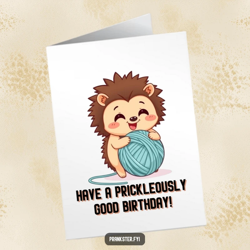 Funny Free Printable Birthday Card featuring a happy hedgehog joyfully rolling a large ball of colorful yarn.