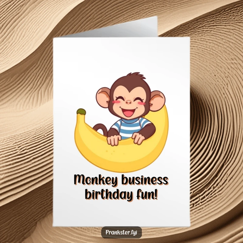 Funny Free Printable Birthday Card: Giggling monkey in striped shirt hiding behind a giant banana peel, birthday humor.