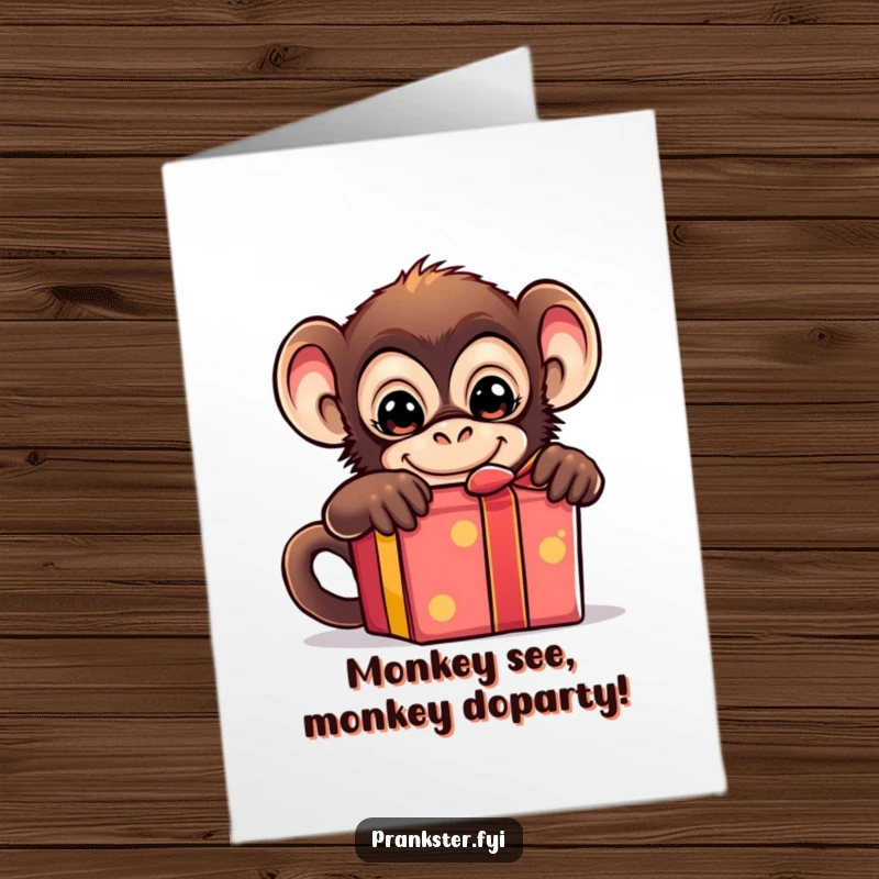 Funny Free Printable Birthday Card: Mischievous monkey peeking from behind a colorful gift box, ready to surprise.
