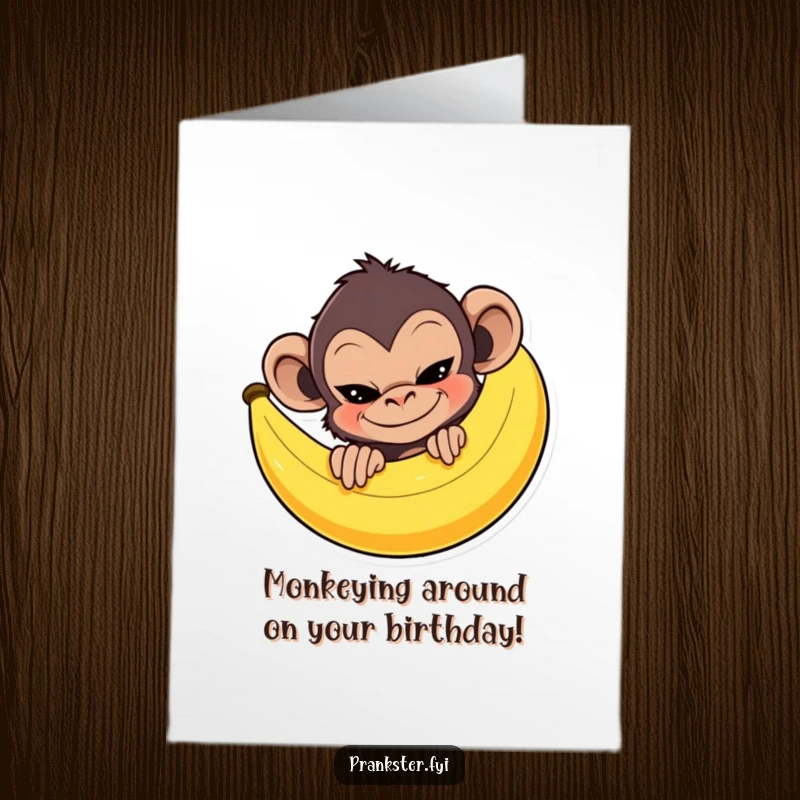 Funny Free Printable Birthday Card: Mischievous monkey peeking from behind a giant banana peel with a sly grin, planning a birthday prank. Hilarious!