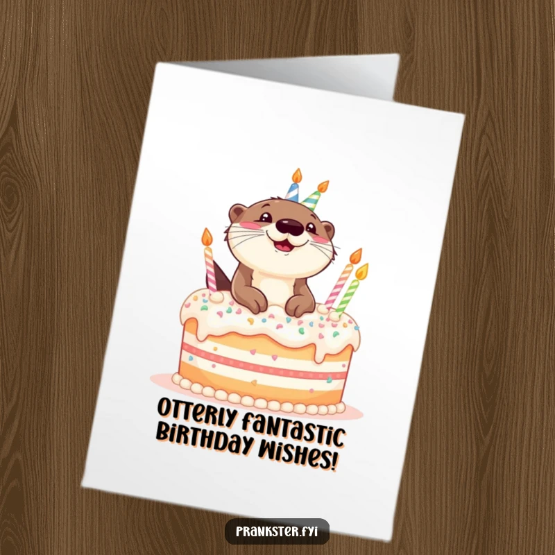 Funny Free Printable Birthday Card: A giggling otter emerging from a giant, frosted birthday cake, covered in sprinkles.