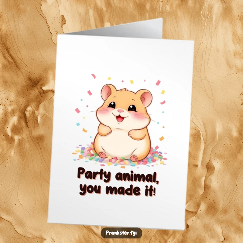 Funny Free Printable birthday card of a giggling hamster buried in confetti, radiating pure joy and birthday cheer.