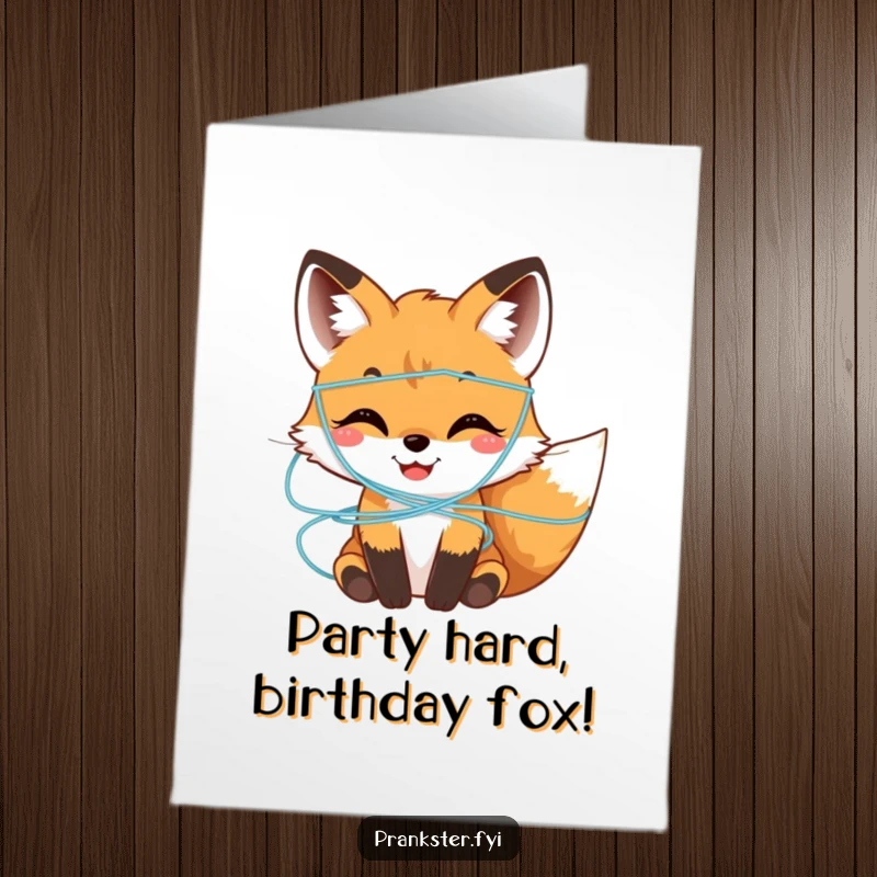 Funny Free Printable birthday card of a happy fox cub playfully covered head-to-toe in colorful, harmless silly string.