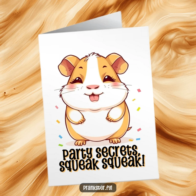 Funny Free Printable Birthday Card: Cheerful guinea pig with a sly grin hiding confetti behind its back, ready for a laugh.