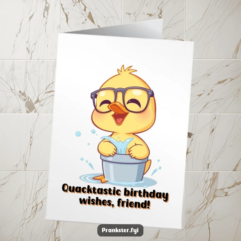 Funny Free Printable Birthday Card: Giggling duckling in glasses about to splash water, ready for a hilarious celebration.