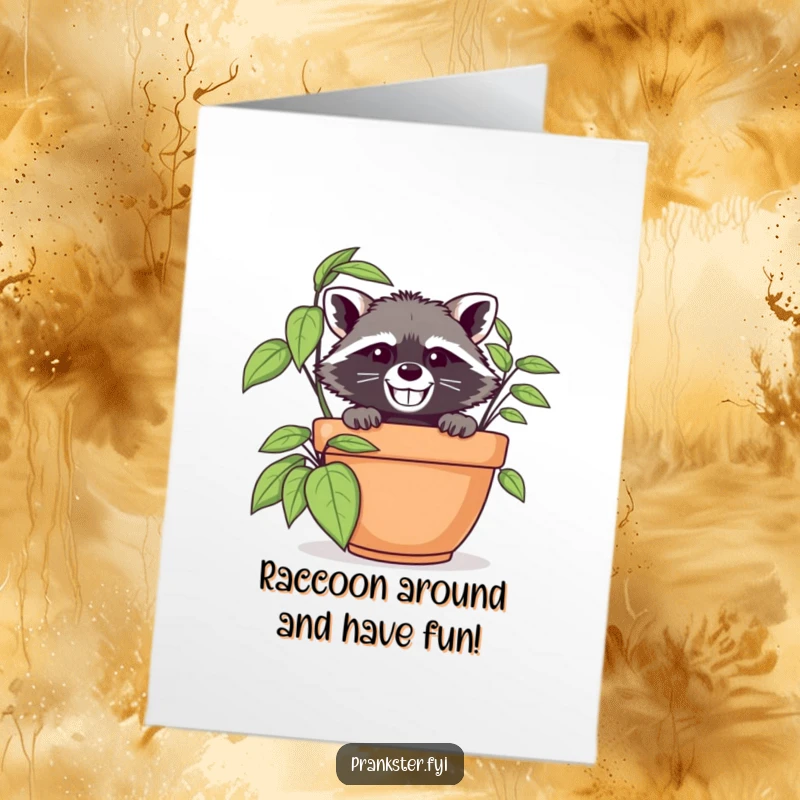 Funny Free Printable Birthday Card: Grinning raccoon in disguise peeking from behind a plant, celebrating a secret birthday.
