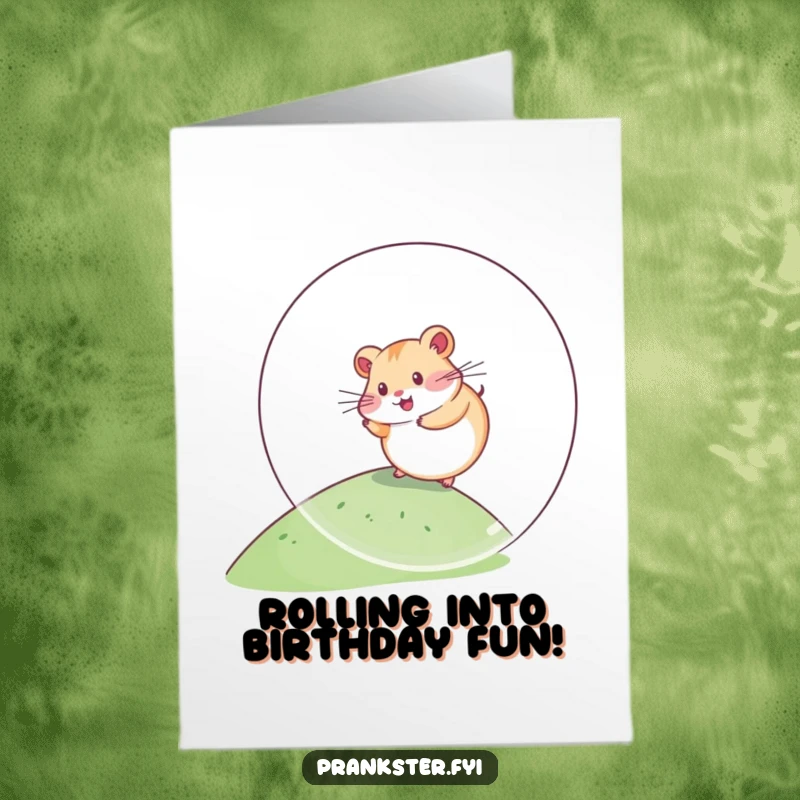 Funny Free Printable Birthday Card featuring a kawaii hamster happily rolling down a hill inside a giant plastic ball, celebrating their big day.