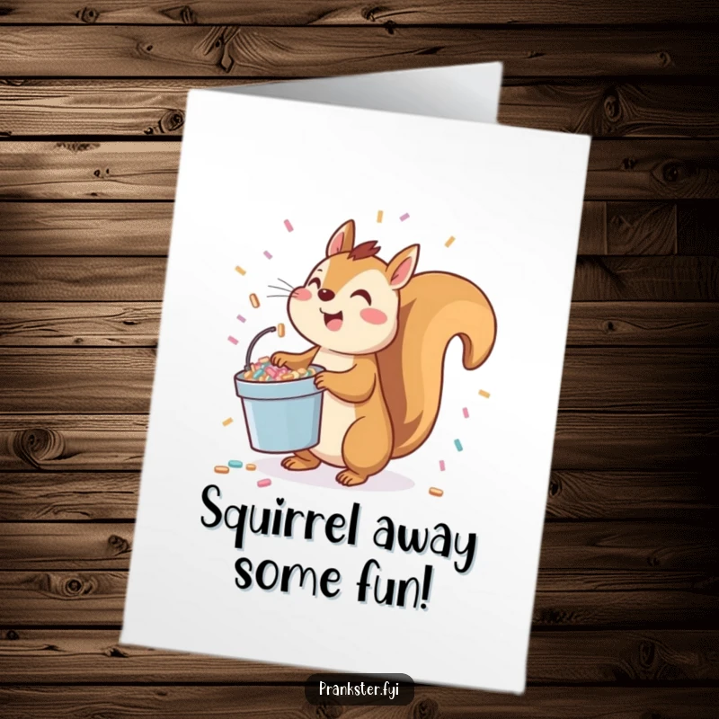 Funny Free Printable Birthday Card: Playful squirrel holding a bucket of confetti, ready to toss it upwards in celebration.