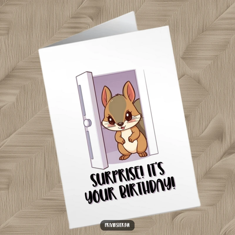 Funny Free Printable Birthday Card: A sneaky squirrel peeking cautiously through a partially opened door, looking for treats.