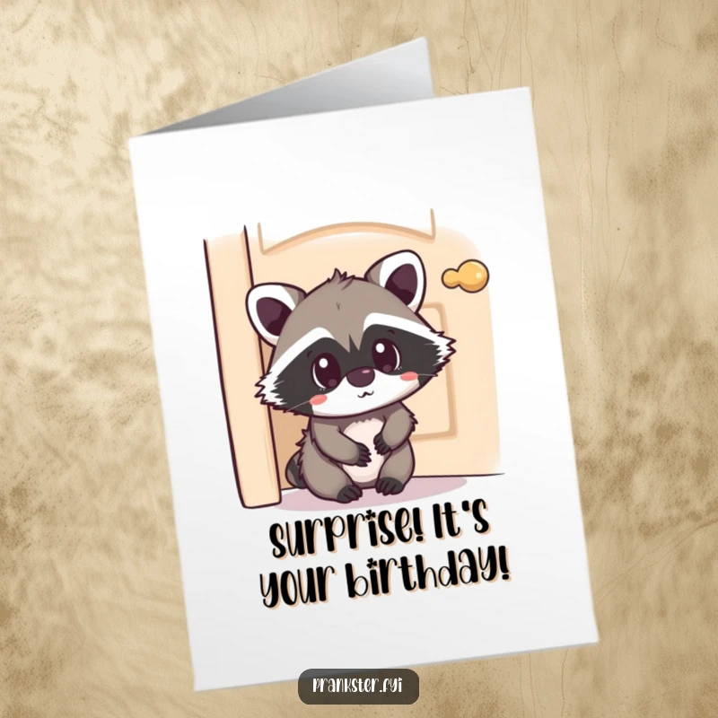 Funny Free Printable Birthday Card featuring a kawaii raccoon peeking from behind a door with a playfully surprised expression, a fun surprise.