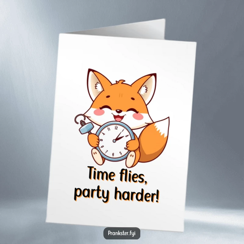 Funny free printable birthday card featuring a cheerful fox with a wide grin, winking as it sets a tiny ticking clock.