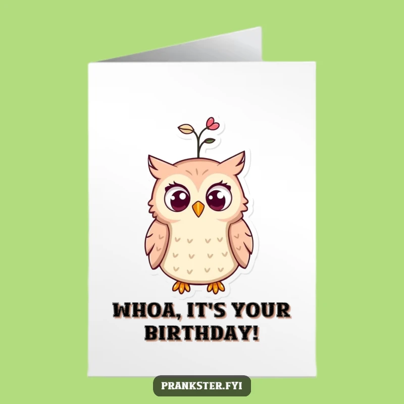 Free Printable Funny Birthday Card: Surprised Owl Spring Hat - A Hooting Good Time!