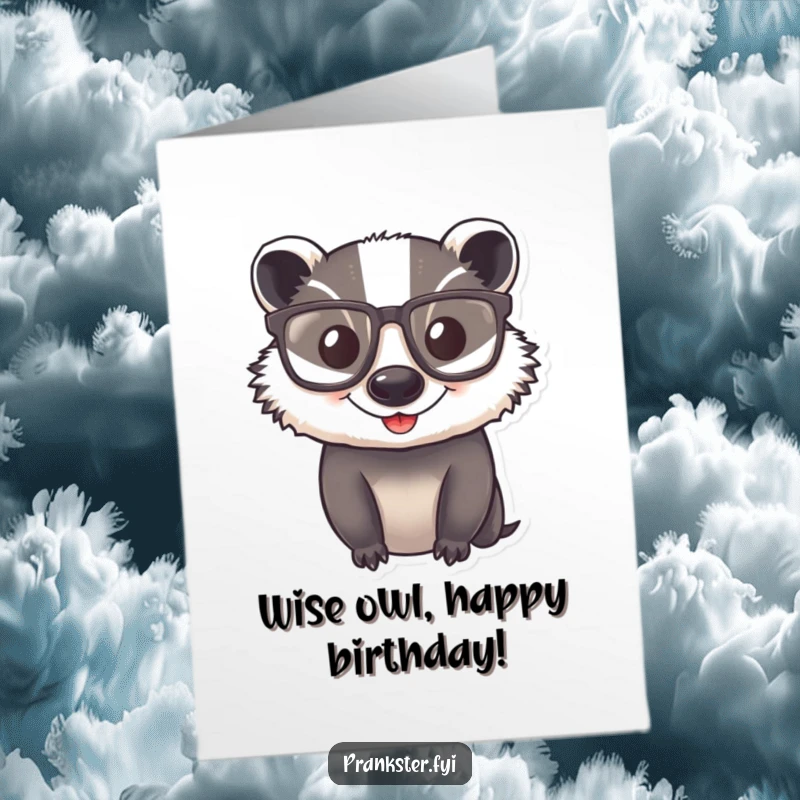 Funny Free Printable birthday card of a happy badger sporting large, comical spectacles, imparting wisdom and birthday cheer.