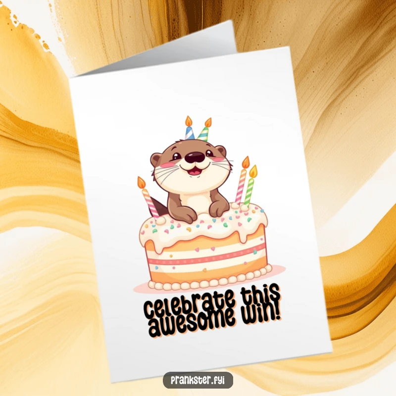 Funny Free Printable Congratulations Card: A playful otter popping its head out of a large, festive birthday cake.