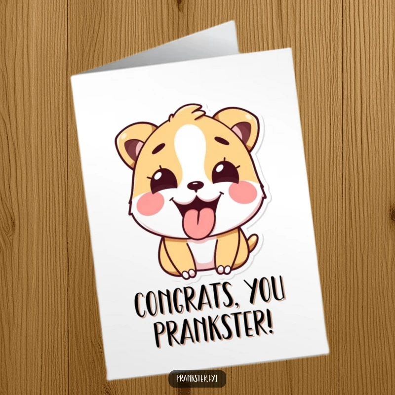 Funny Free Printable Congratulations Card: Happy animal sticking out tongue playfully after a prank, symbolizing cheeky success, downloadable.