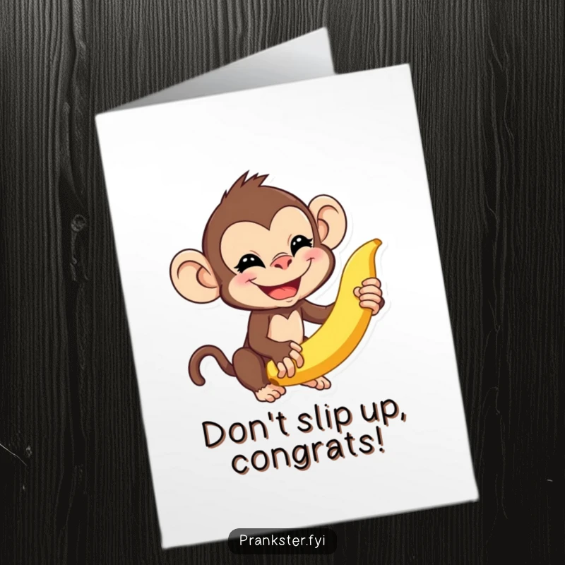 Funny Free Printable Congratulations Card: Playful monkey grinning, about to flick a banana peel, celebrating with a prank, downloadable.
