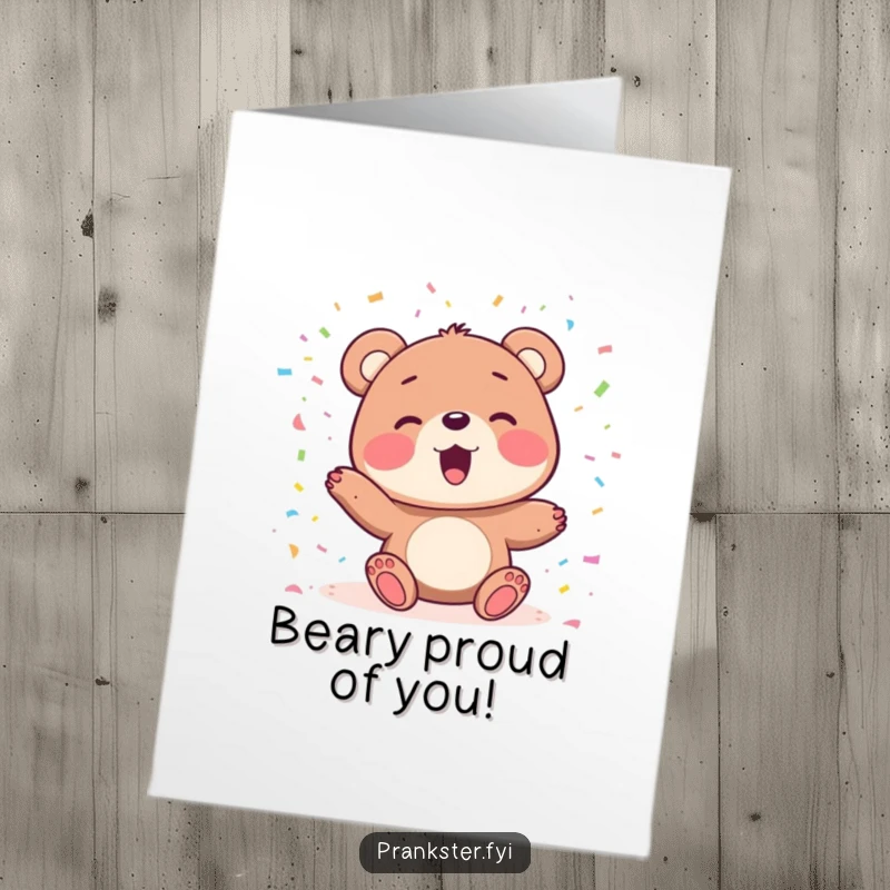 Funny Free Printable Congratulations Card: A delighted bear celebrates by throwing handfuls of colorful confetti high into the air.