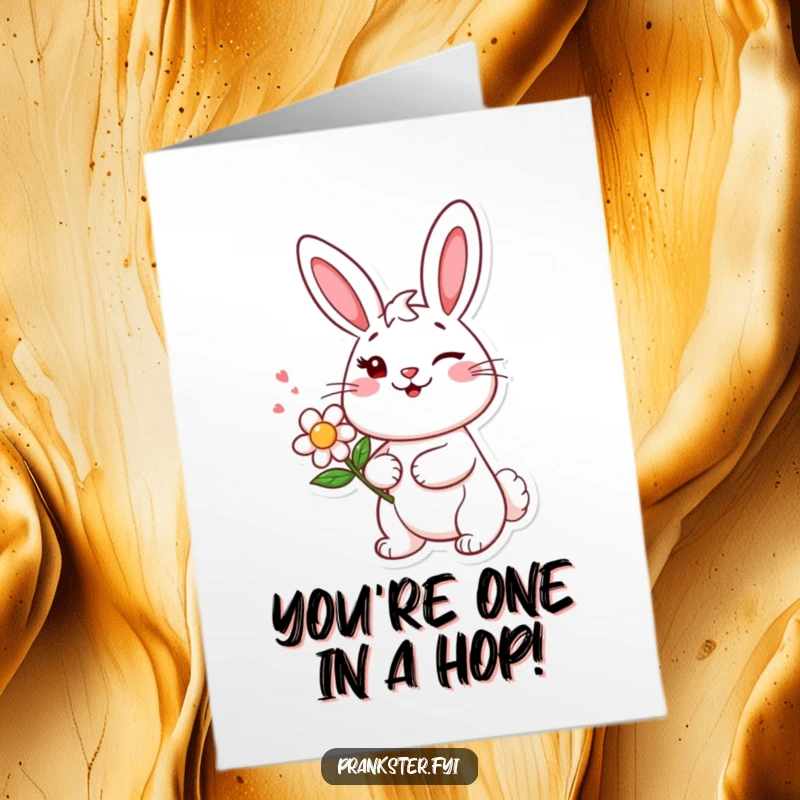 Funny Free Printable Congrats Card: Winking bunny holds a flower ready to squirt, celebrating success.