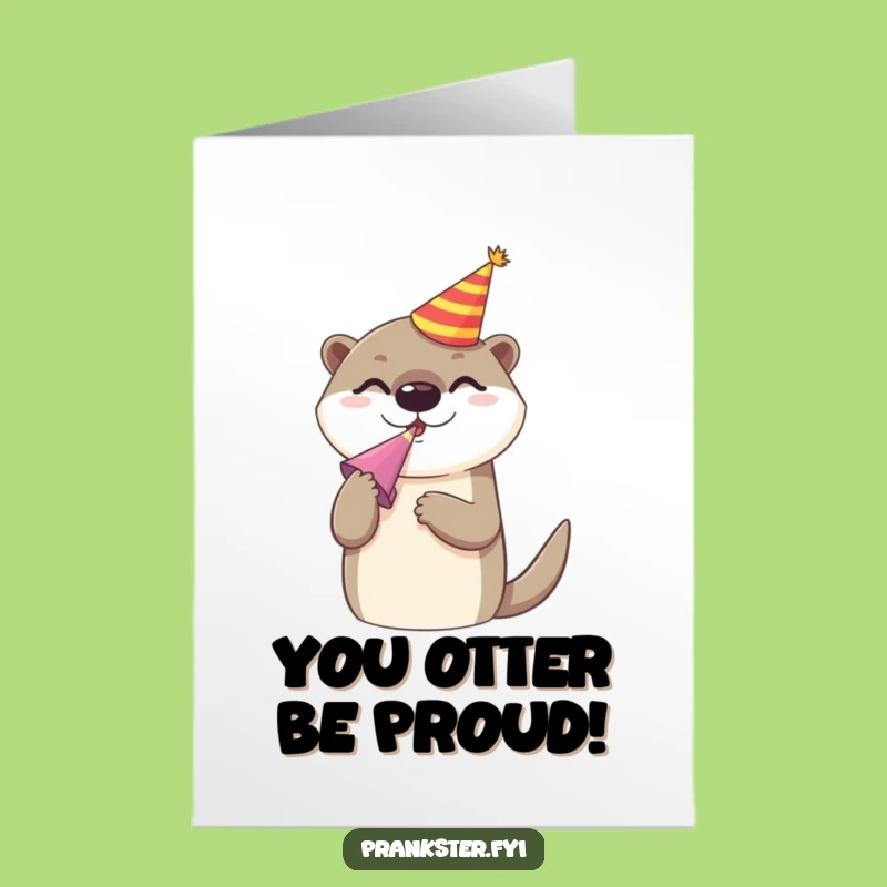 Free Printable Congrats Card: Cheerful Otter Celebrating with Noise Maker - Funny Downloadable