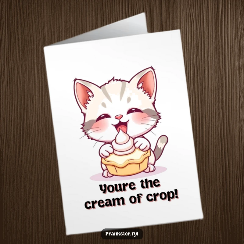 Funny Free Printable Congratulations Card: A mischievous kitten tossing a cream pie, a joyful and funny card.