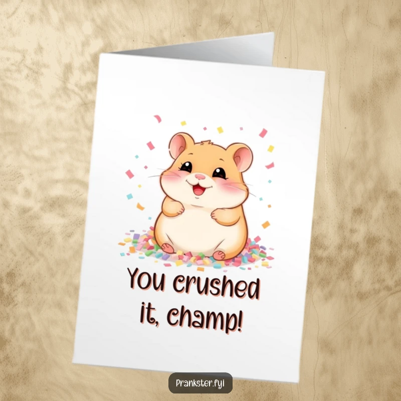 Humorous Free Printable congratulations card showing a happy hamster surrounded by a cascade of colorful confetti, ready to celebrate.