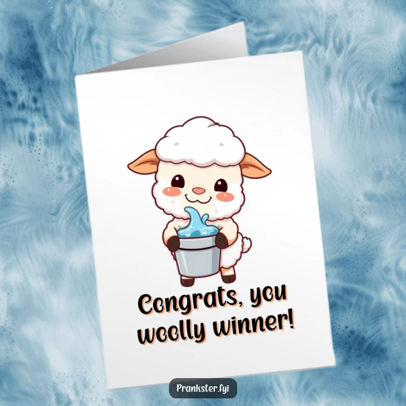 Funny Free Printable Congrats Card: Kawaii sheep grinning slyly with a bucket of water, congratulating with a mischievous spirit. Downloadable art.