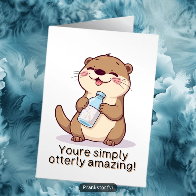 Funny free printable congratulations card of a giggling otter playfully swapping a bottle of glitter for water, celebrating a sparkling achievement.