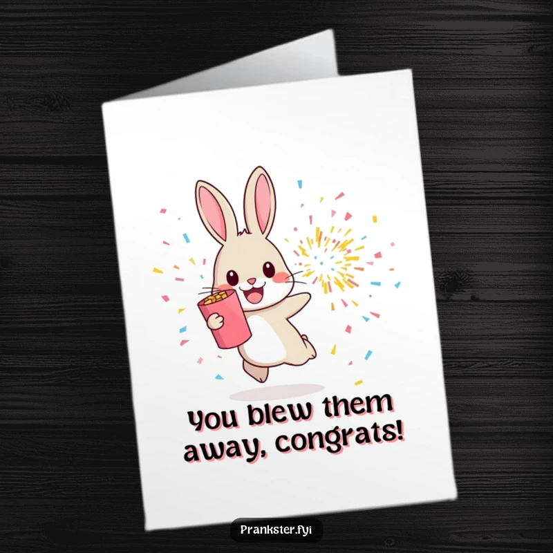 Funny Free Printable Congratulations Card: Cheerful rabbit hops away from a bursting confetti popper, signifying a grand success.